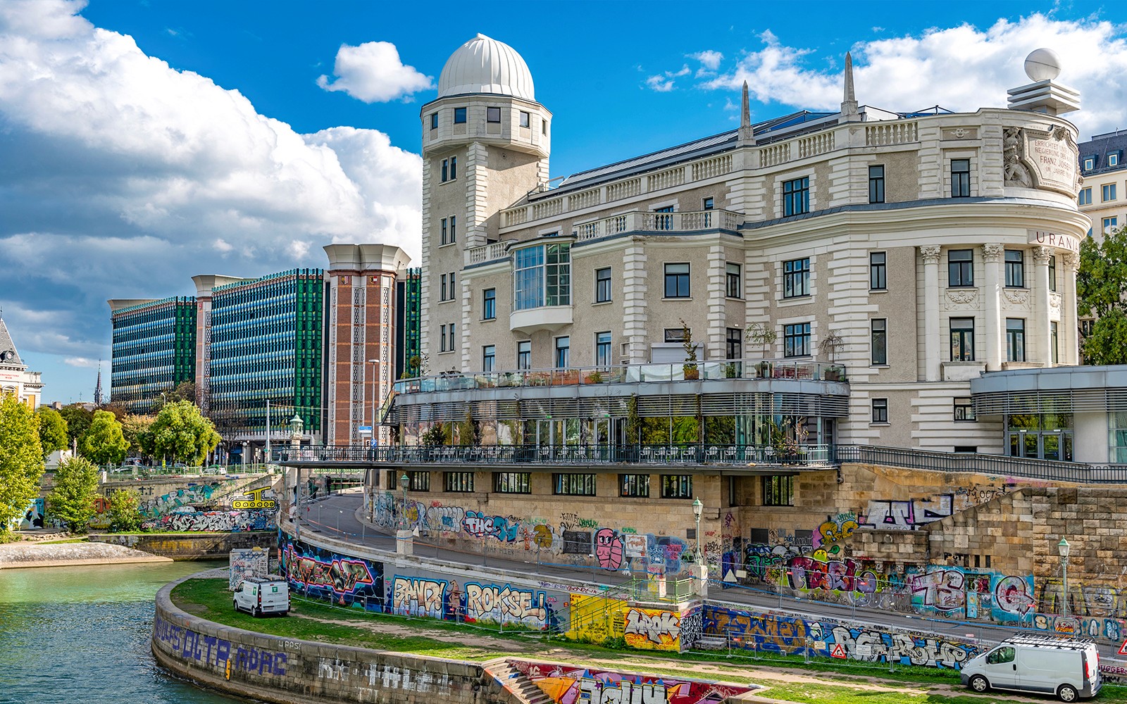 Urania Observatory in Vienna with its dome and surrounding architecture.