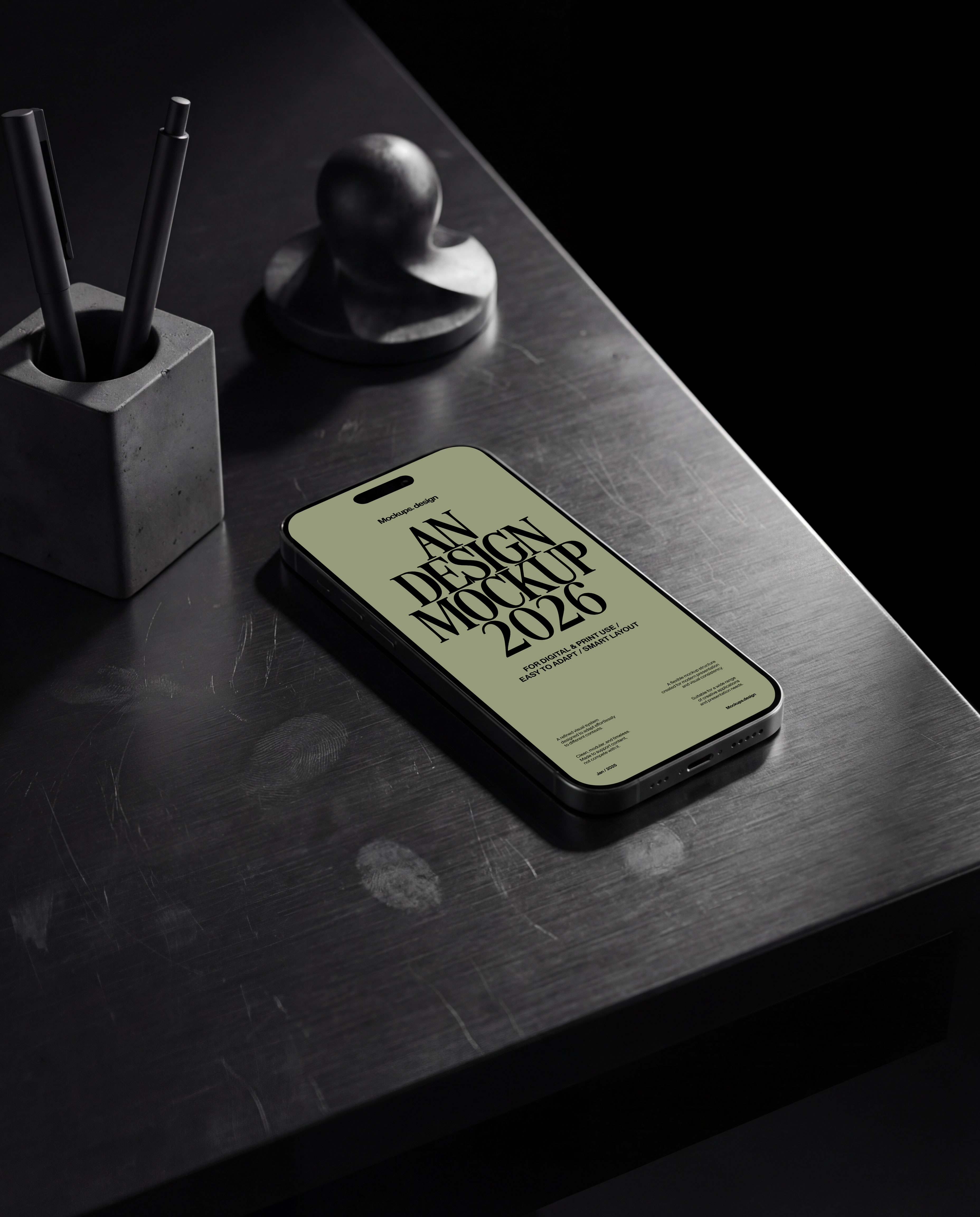 iPhone 16 mockup on dark table, realistic device display