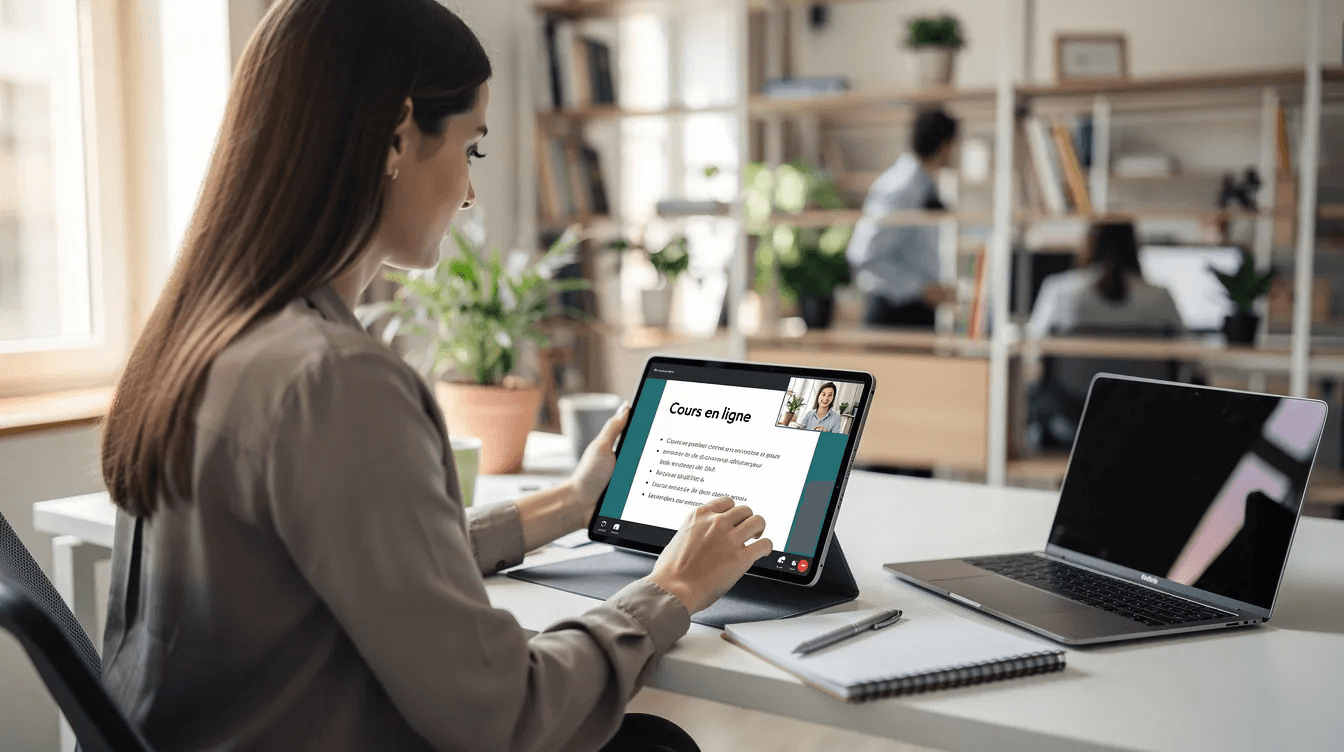 Une collaboratrice utilise une tablette pour suivre un cours en ligne, intégrant des modules e-learning sur mesure. Elle est concentrée sur l'écran, profitant des contenus pédagogiques pour développer ses compétences et son autonomie dans le cadre de sa formation.
