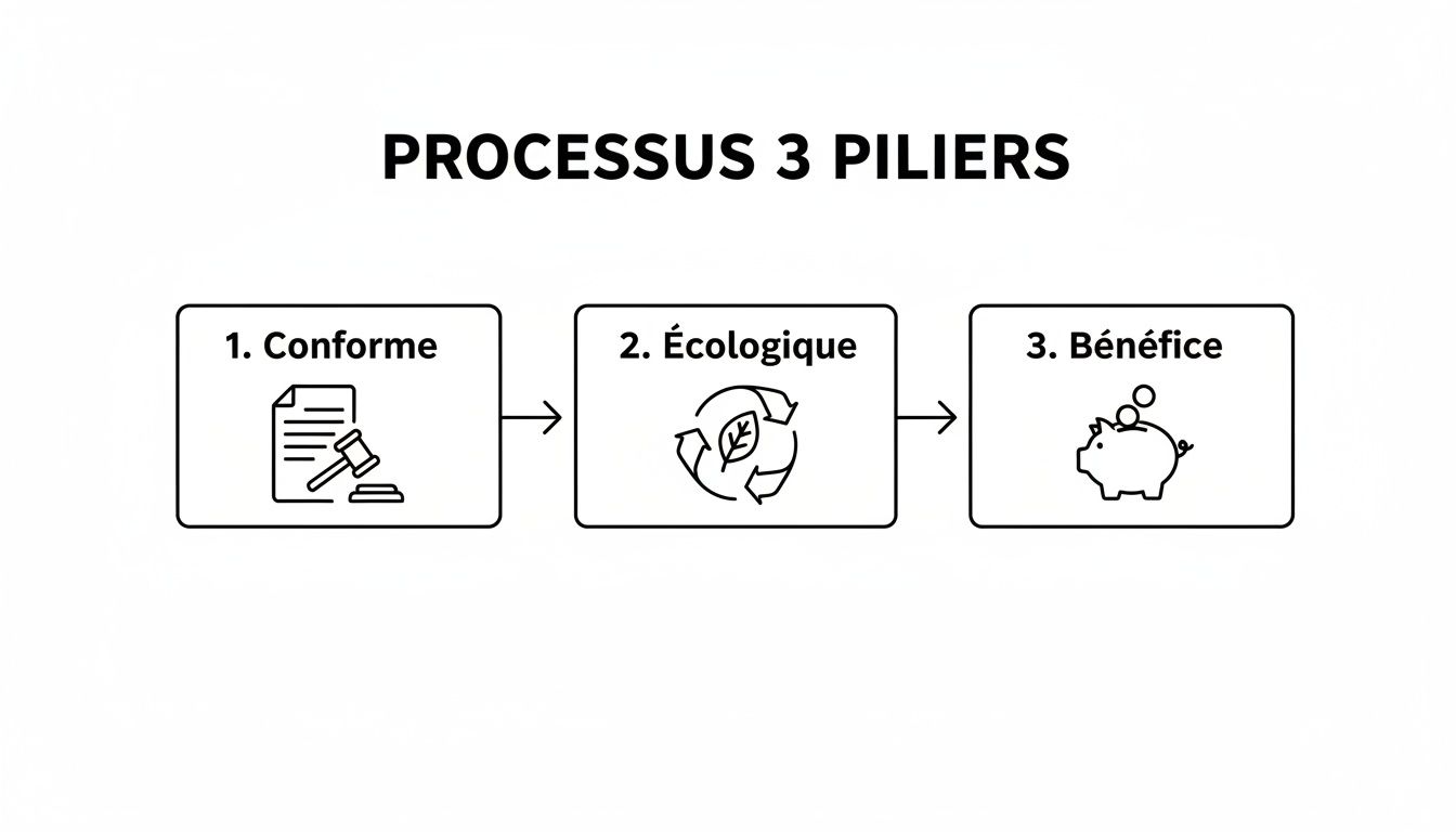 Diagramme montrant un processus en 3 piliers: conforme, écologique et bénéfice, avec leurs icônes respectives.