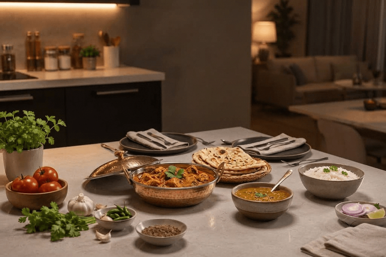 Freshly prepared Indian dinner with curry, dal, rice, and naan on a modern kitchen counter, surrounded by fresh vegetables, herbs, and spices in a warmly lit home.