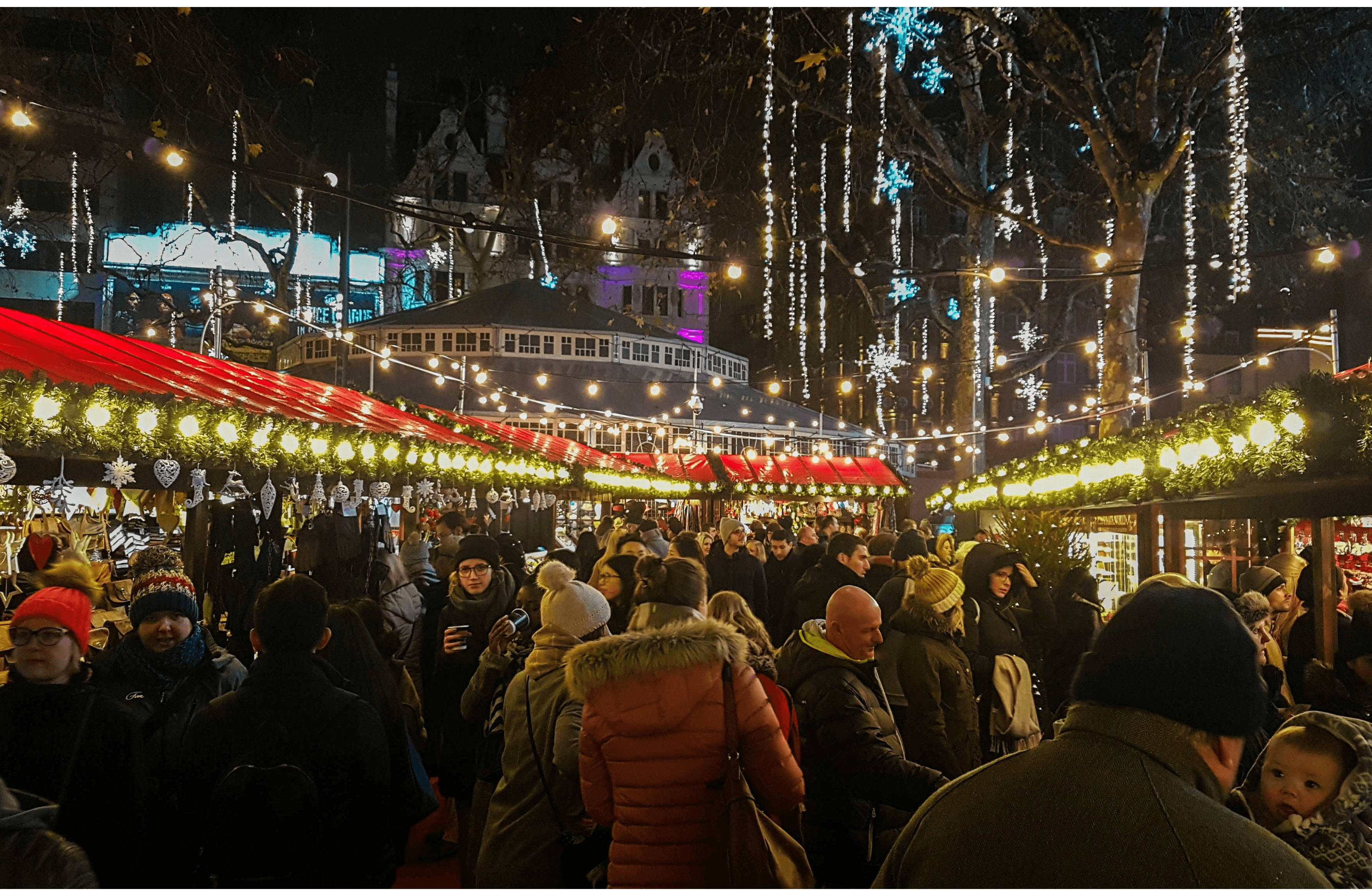 A London Christmas market. Stalls with Christmas lights left and right. Crowd of people in the centre.