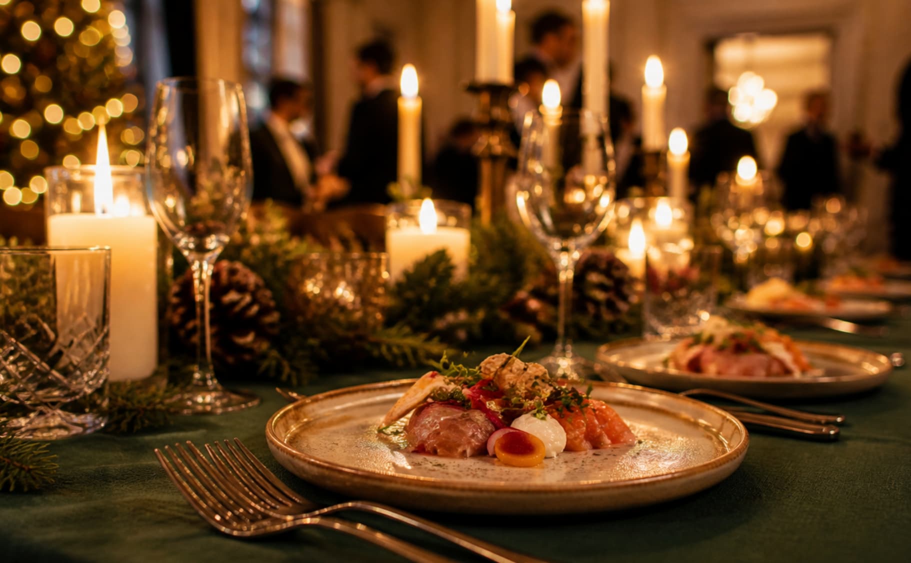Culinair diner tijdens sfeervol kerstevent met gasten