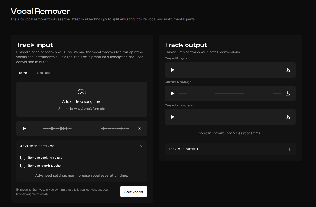 Vocal remover page with an audio file uploaded