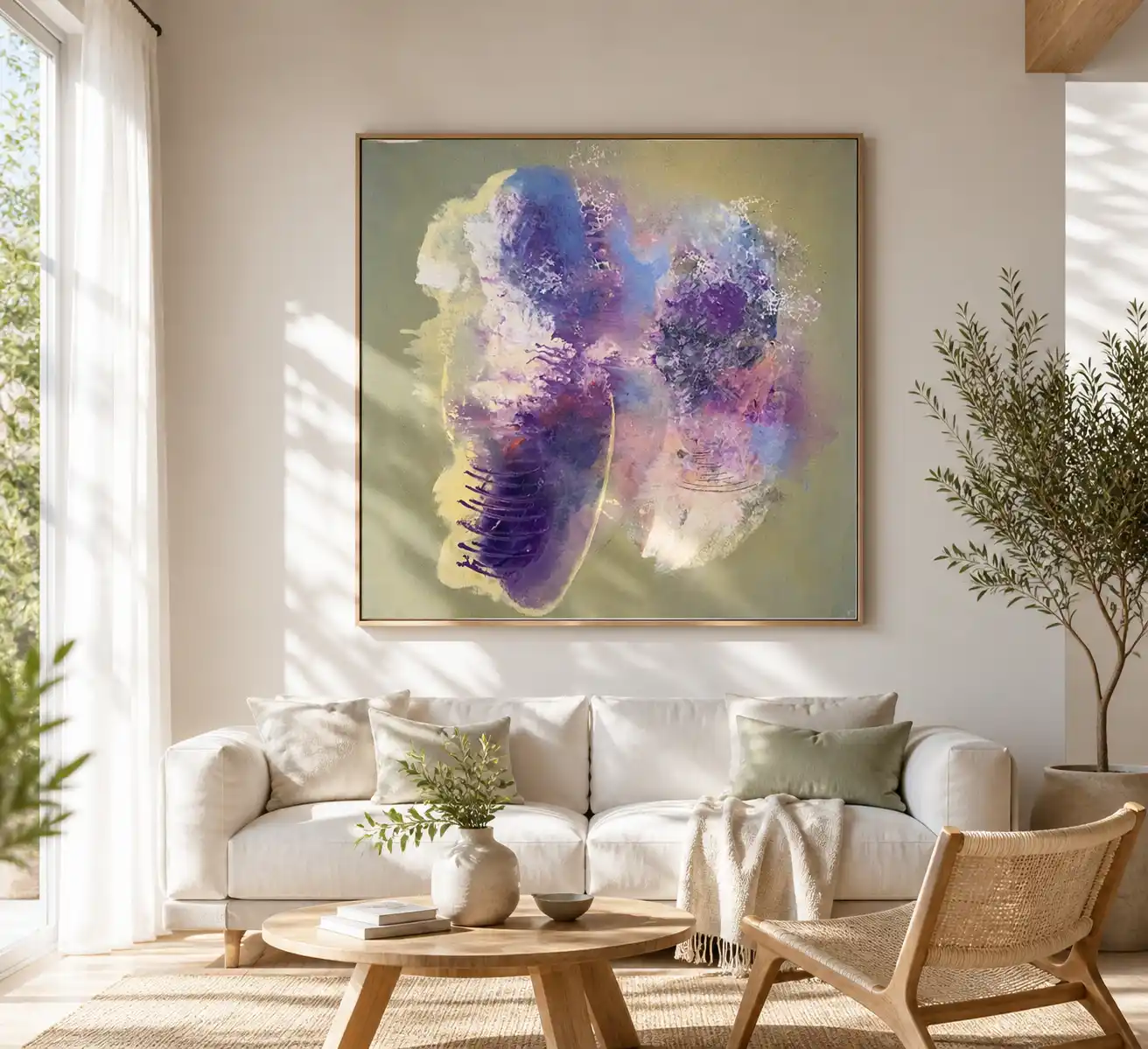 Abstrakt maleri i lilla og blått over en hvit sofa.