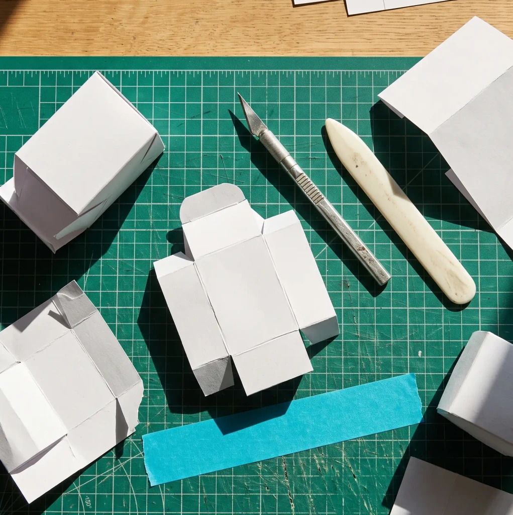 White packaging dielines and cut boxes on a green cutting mat