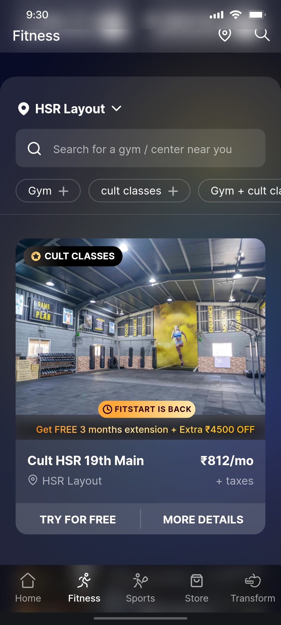 Cult.fit App Fitness Screen 1