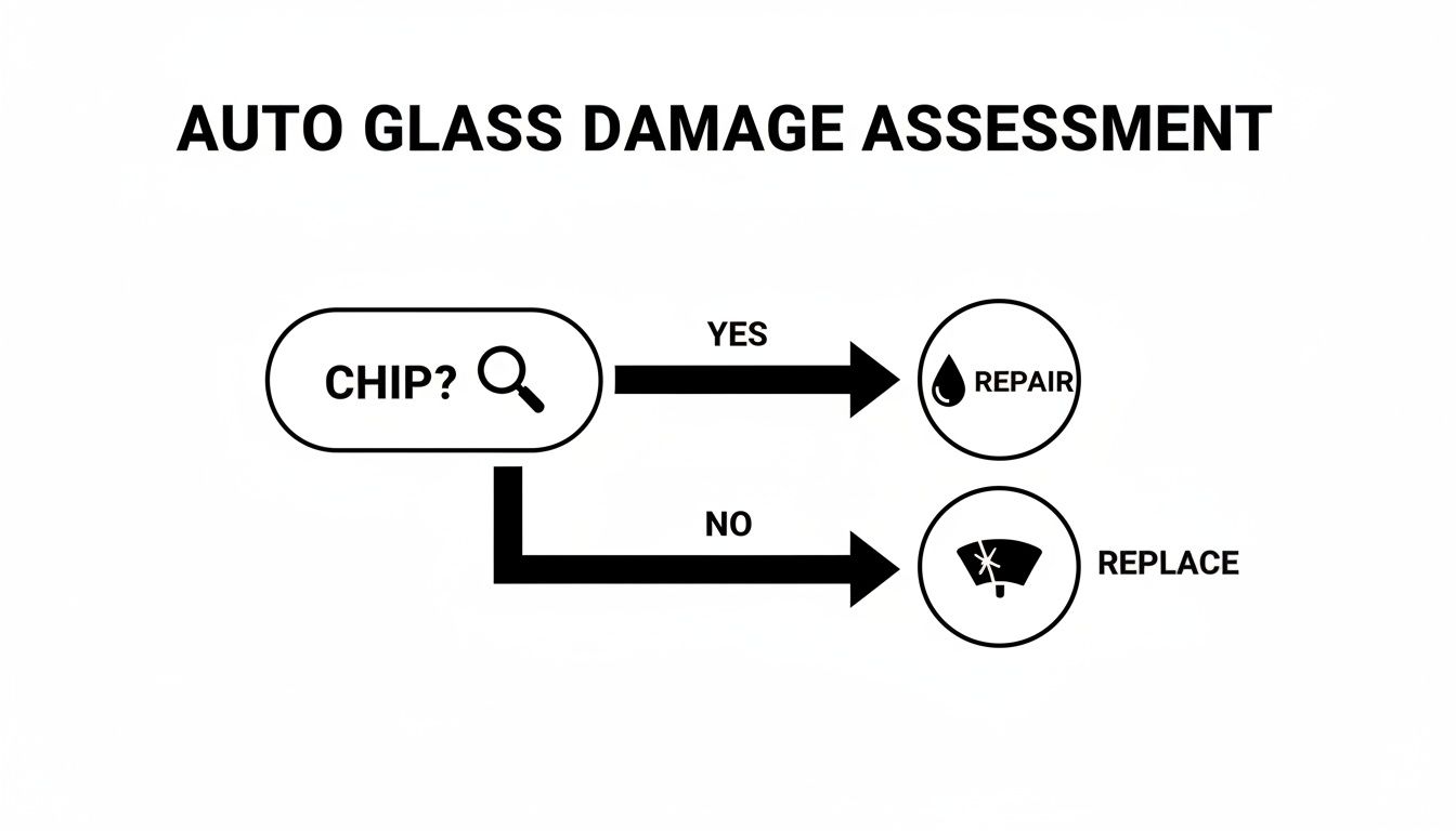 A flowchart for auto glass damage assessment, asking 'CHIP?'. If 'YES', it's 'REPAIR'; if 'NO', it's 'REPLACE'.