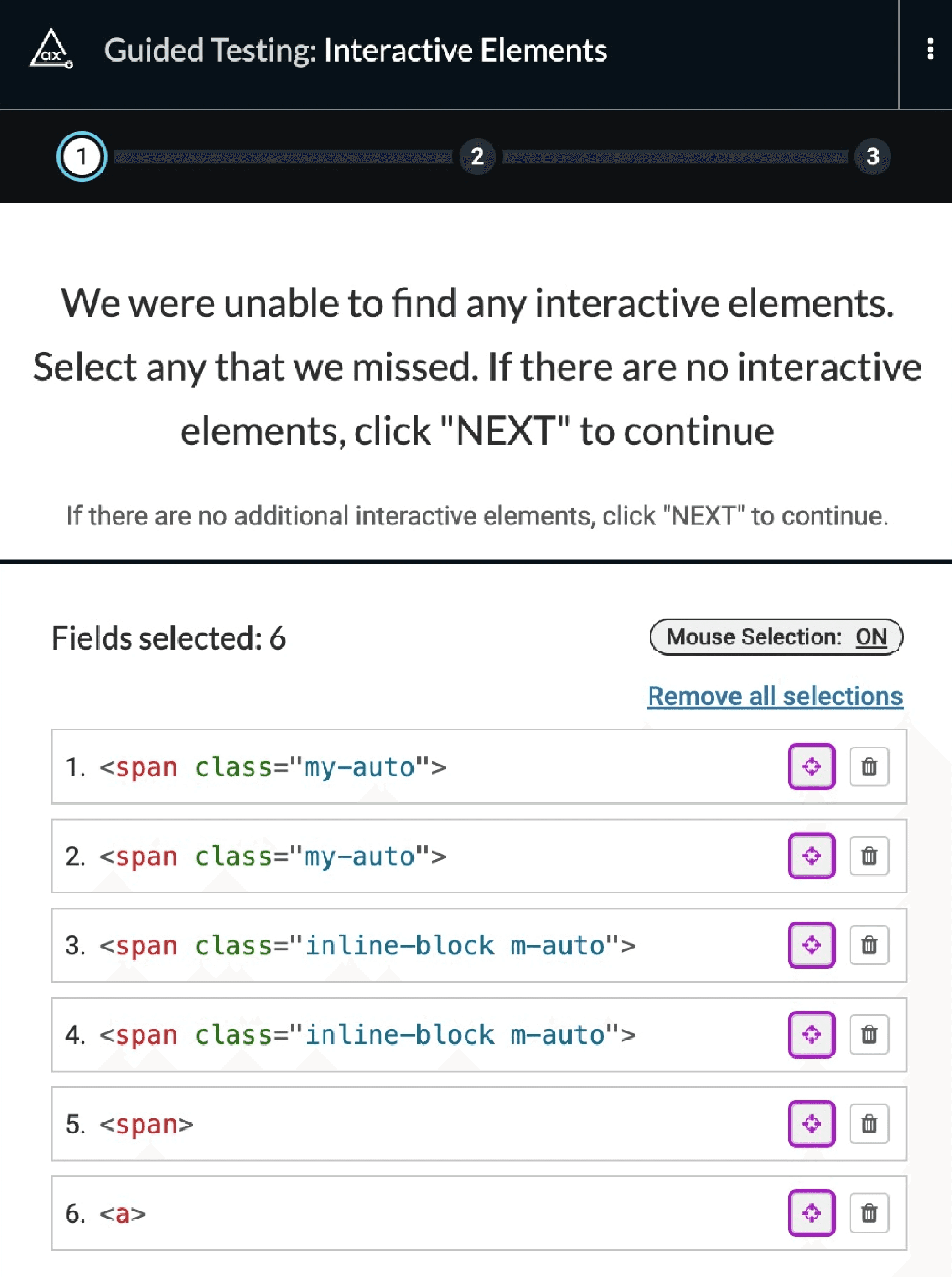 Screenshot from a test in axe devtools, testing the interactive of the website. It reads “We were unable to find any interactive elements”