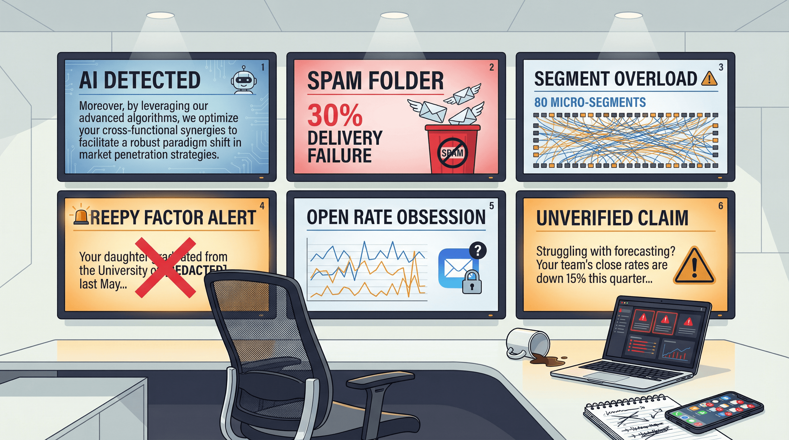 Modern control room with warning alerts illustrating common cold email personalization failures