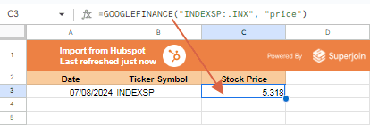 =GOOGLEFINANCE("INDEXSP:.INX", "price")