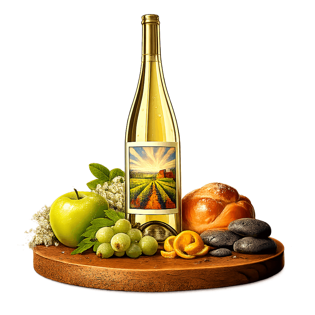 Artistic label and flavor profile for Swedish Sparkling Wine on a rustic wooden table.