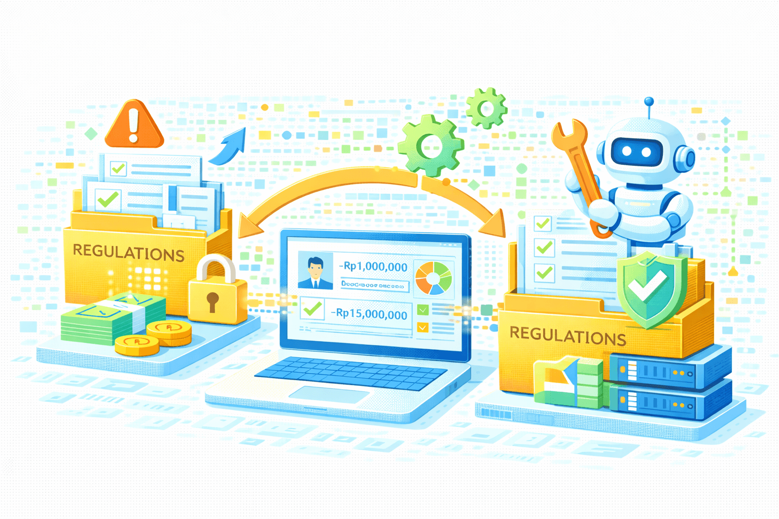 Ilustrasi AI‑driven regulatory compliance automation & continuous improvement loop. Di tengah terdapat laptop dengan dashboard profil dan grafik yang menampilkan nilai −Rp1.000.000 dan −Rp15.000.000 beserta checklist hijau (terverifikasi). Di kiri dan kanan, dua folder “REGULATIONS” melambangkan regulasi sebelum dan sesudah penyesuaian. Sisi kiri menampilkan ikon peringatan dan gembok (risiko/kontrol awal), sementara sisi kanan menampilkan robot AI memegang kunci inggris dan perisai hijau bertanda centang, menandakan otomasi, perbaikan, dan kepatuhan. Panah melengkung dua arah serta ikon roda gigi menunjukkan siklus berkelanjutan: identifikasi risiko → penyesuaian sistem → validasi → kepatuhan. Elemen server, dokumen, dan uang/koin merepresentasikan infrastruktur, arsip audit, dan nilai bisnis yang terlindungi.