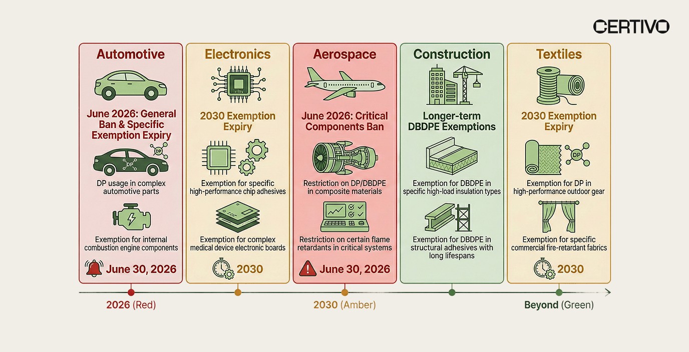 Canada toxic substances ban 2026 industry impact matrix showing DP and DBDPE exposure across automotive electronics aerospace construction textiles