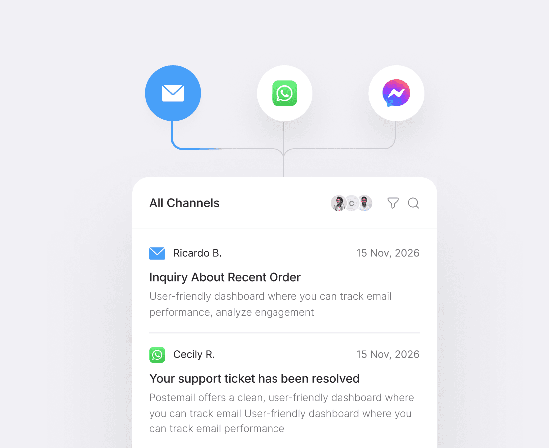 Email, WhatsApp and Messenger conversations together in the Cue All Channels inbox