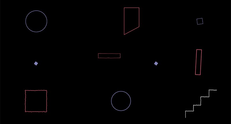 A black poster showing different circles, dots, squares, polygons and stair like drawings.