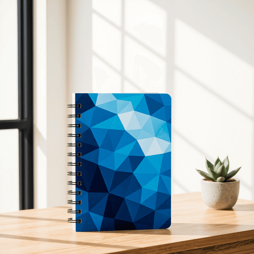product photography of a spiral-bound notebook with a blue geometric design on the cover