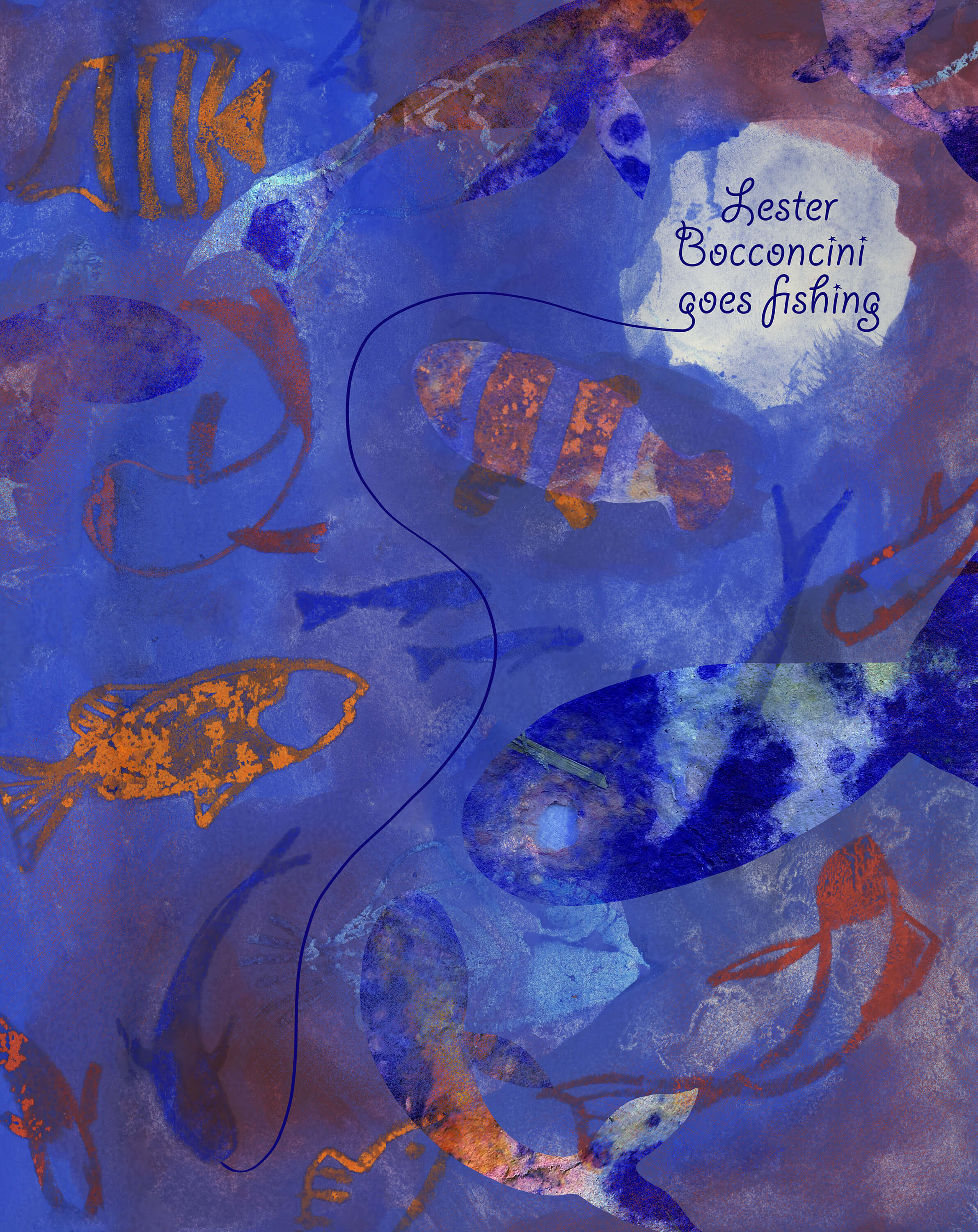 'Lester Bocconcini goes fishing' bookcover design