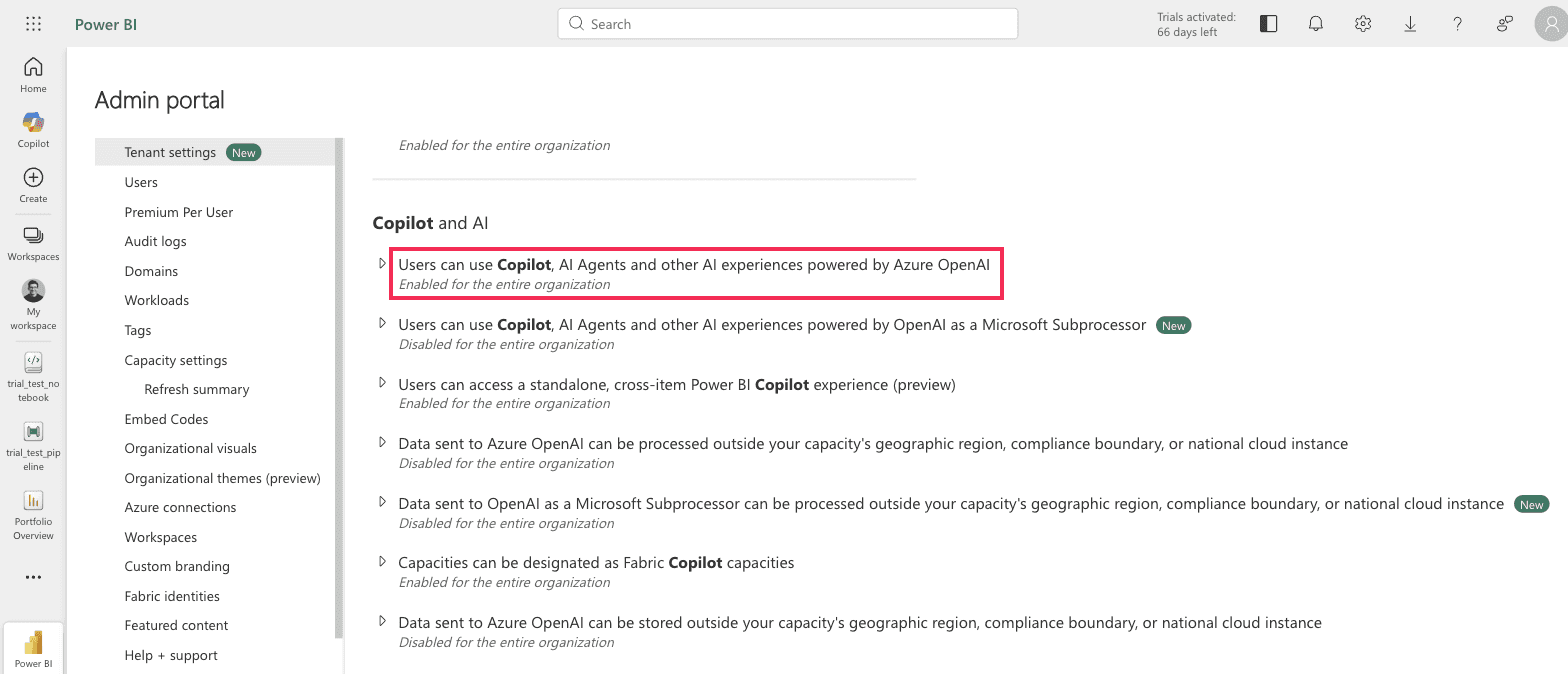 Fabric admin portal tenant settings, Copilot and AI section, with the main Copilot setting highlighted and reading Enabled for the entire organization