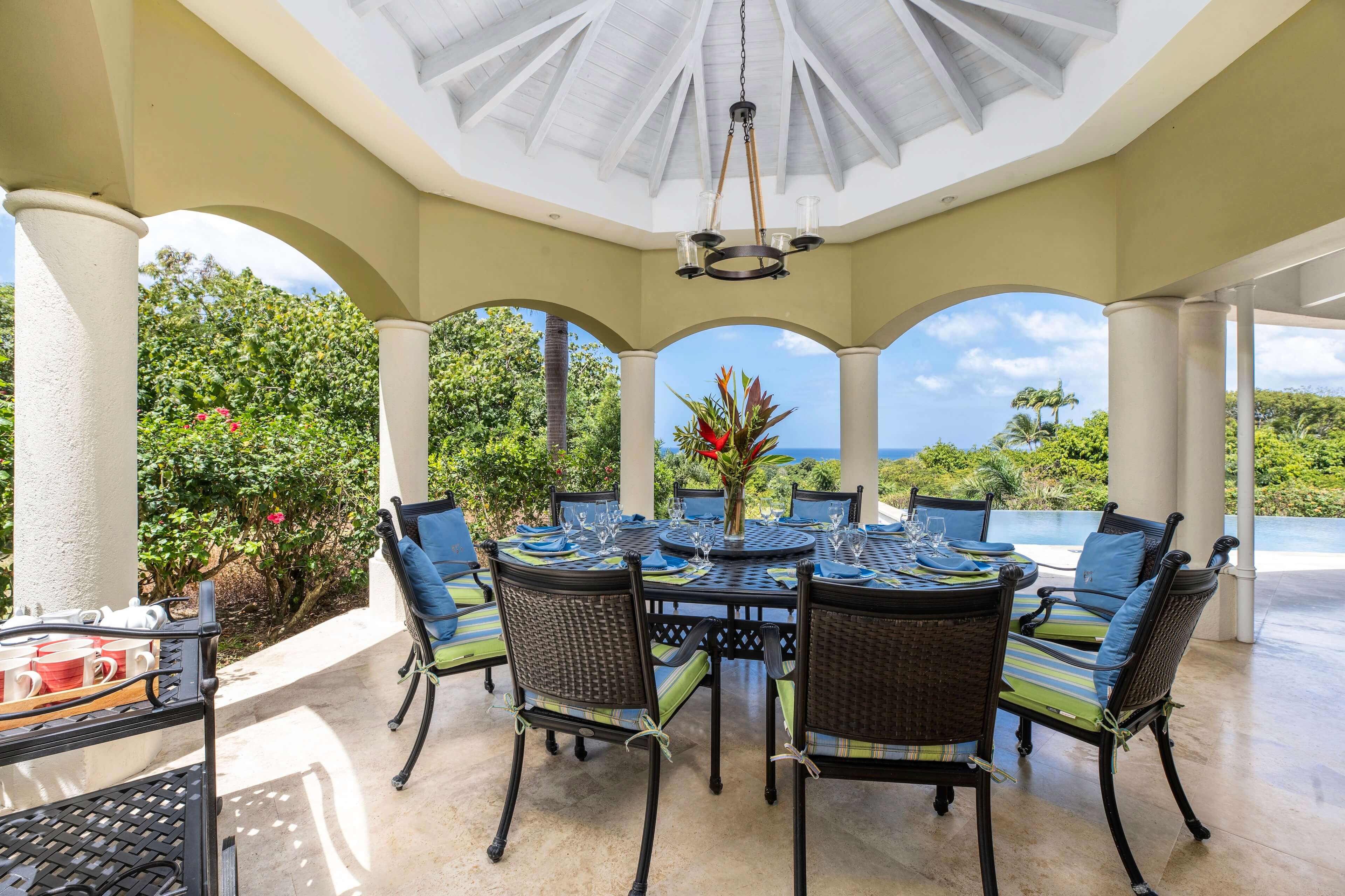 Covered patio with dining area and garden view