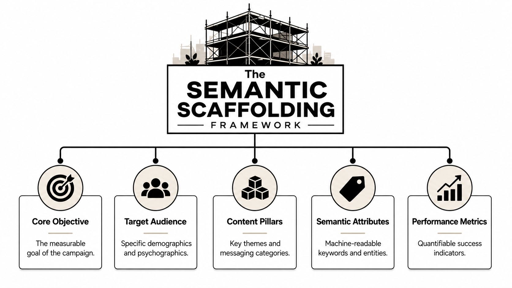 A diagram illustrating the Semantic Scaffolding Framework with five key components: Core Objective, Target Audience, Content Pillars, Semantic Attributes, and Performance Metrics.