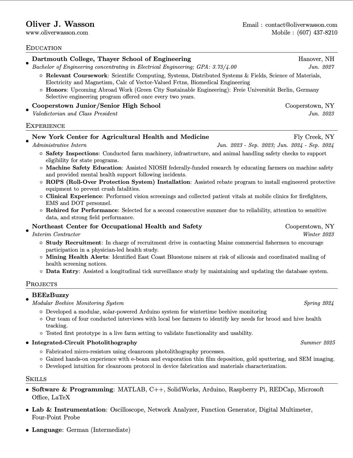 Oliver Wasson Resume