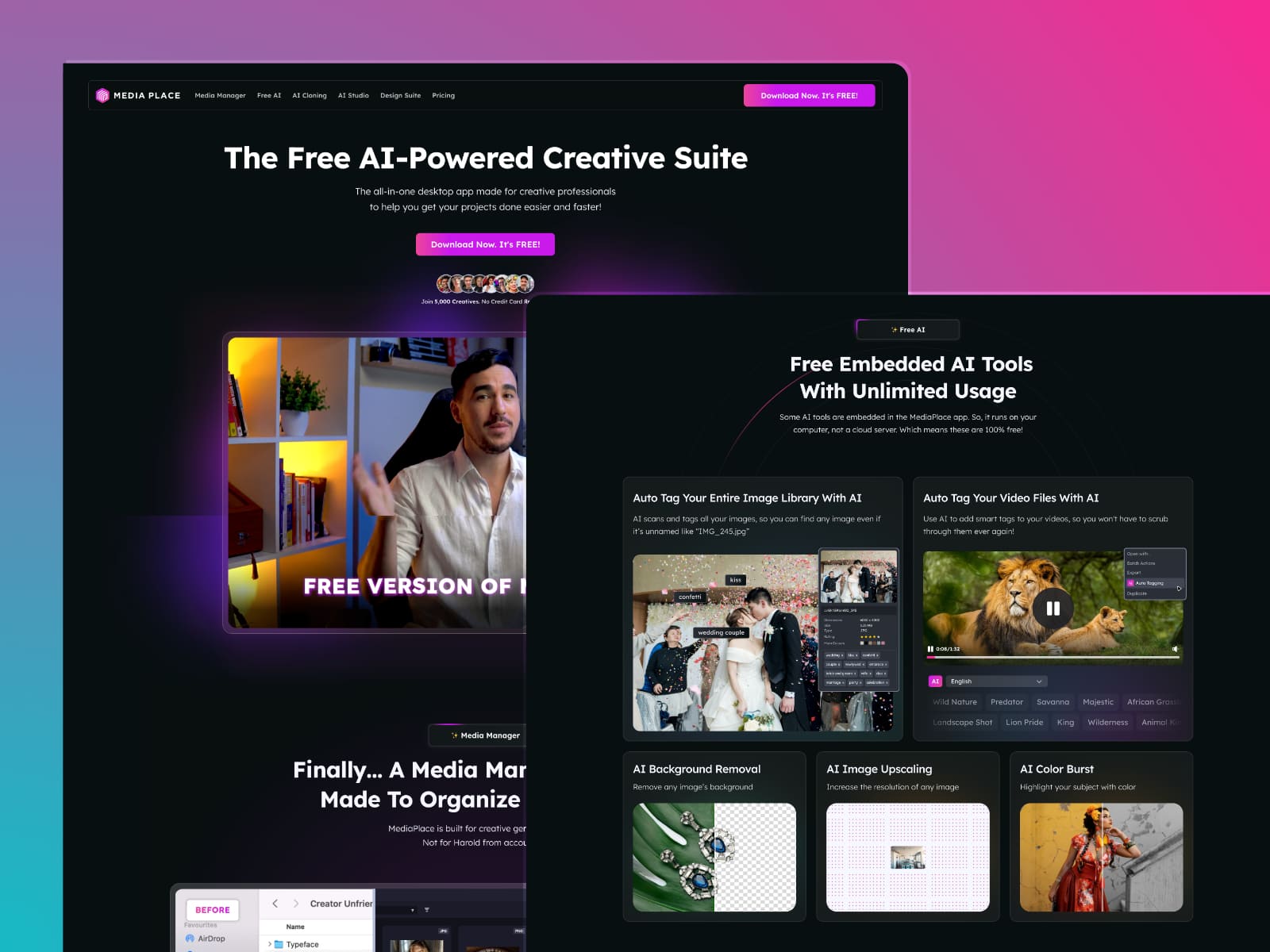 Screenshot of the MediaPlace website displaying a few UI and UX components to showcase the design approach.
