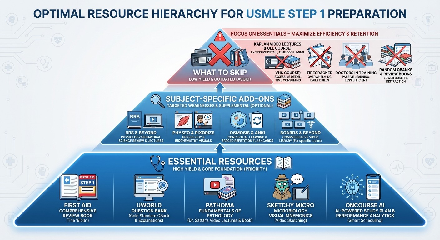 USMLE Step 1 resource hierarchy for IMGs - essential vs optional study materials