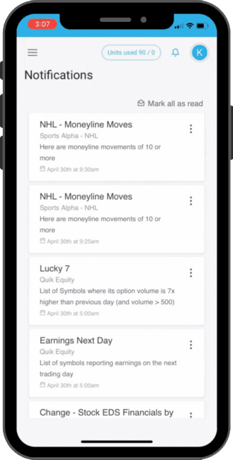 Image of Chata.ai on a mobile device displaying Alpha alerts and notifications