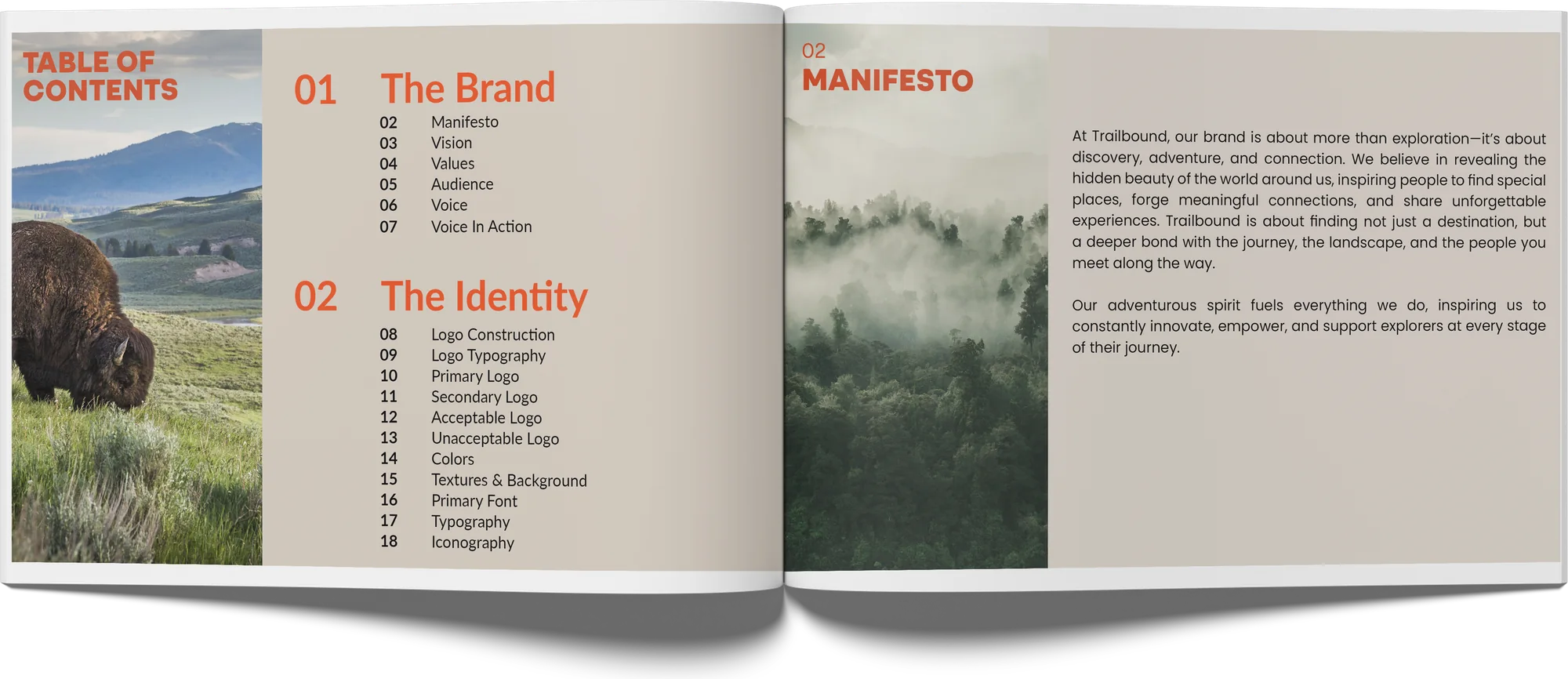 Brand book spread: table of contents and manifesto