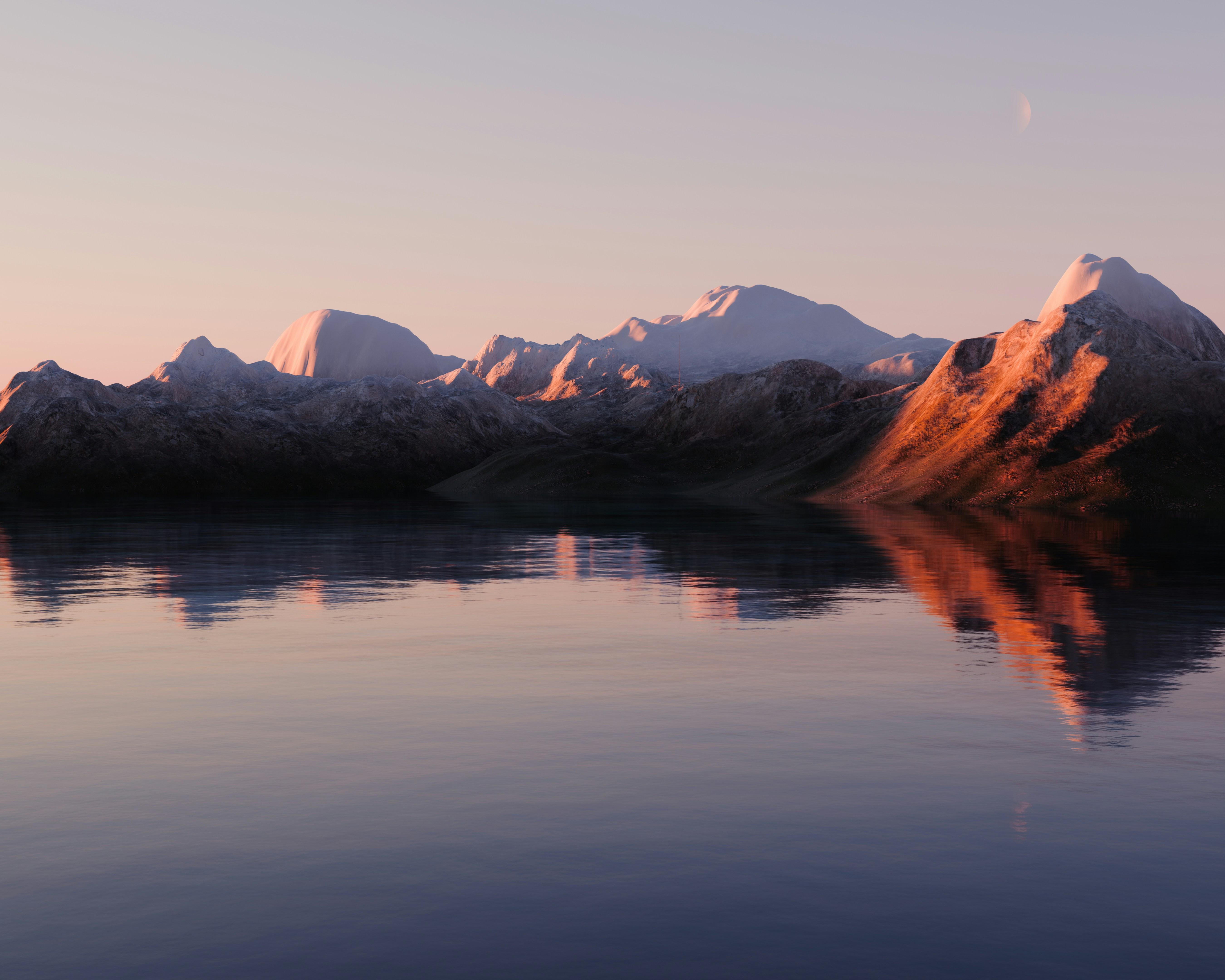Snow-capped mountains reflect in calm water at sunset.