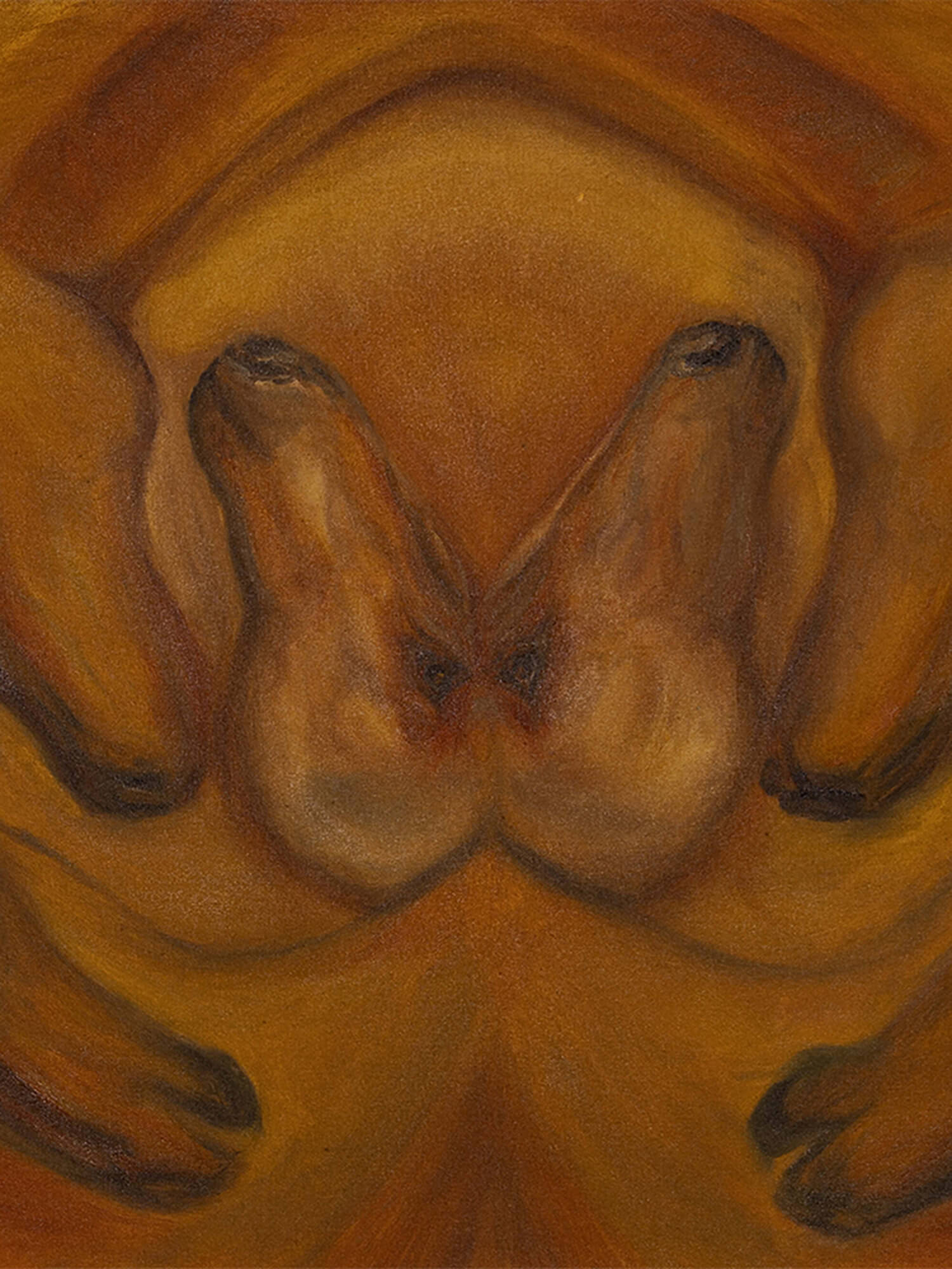 Painting of mirrored horse forms in warm ochre tones, creating a kaleidoscopic pattern.