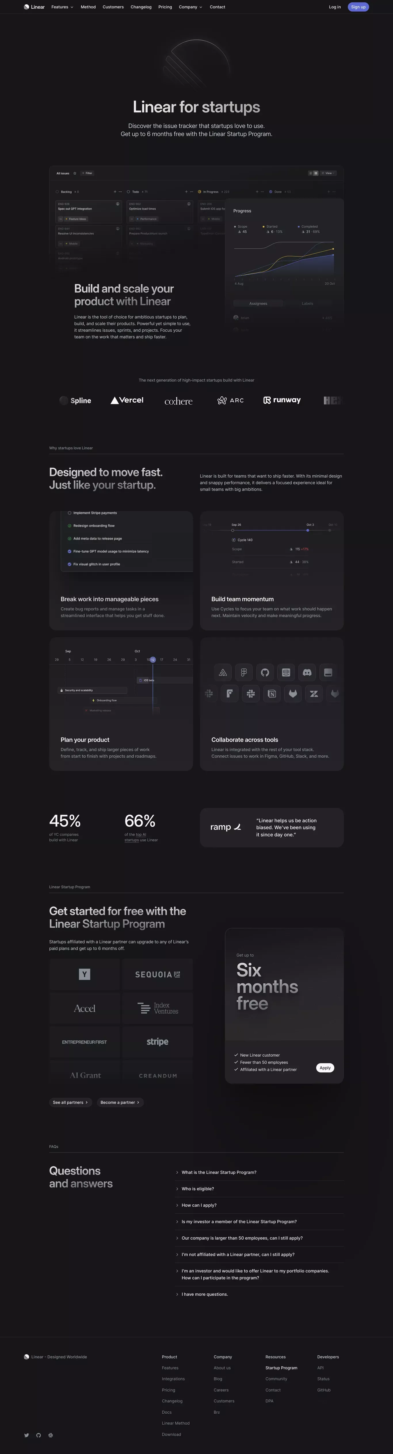 Linear for Startups –&nbsp;Linear landing page screenshot showcasing Tech design