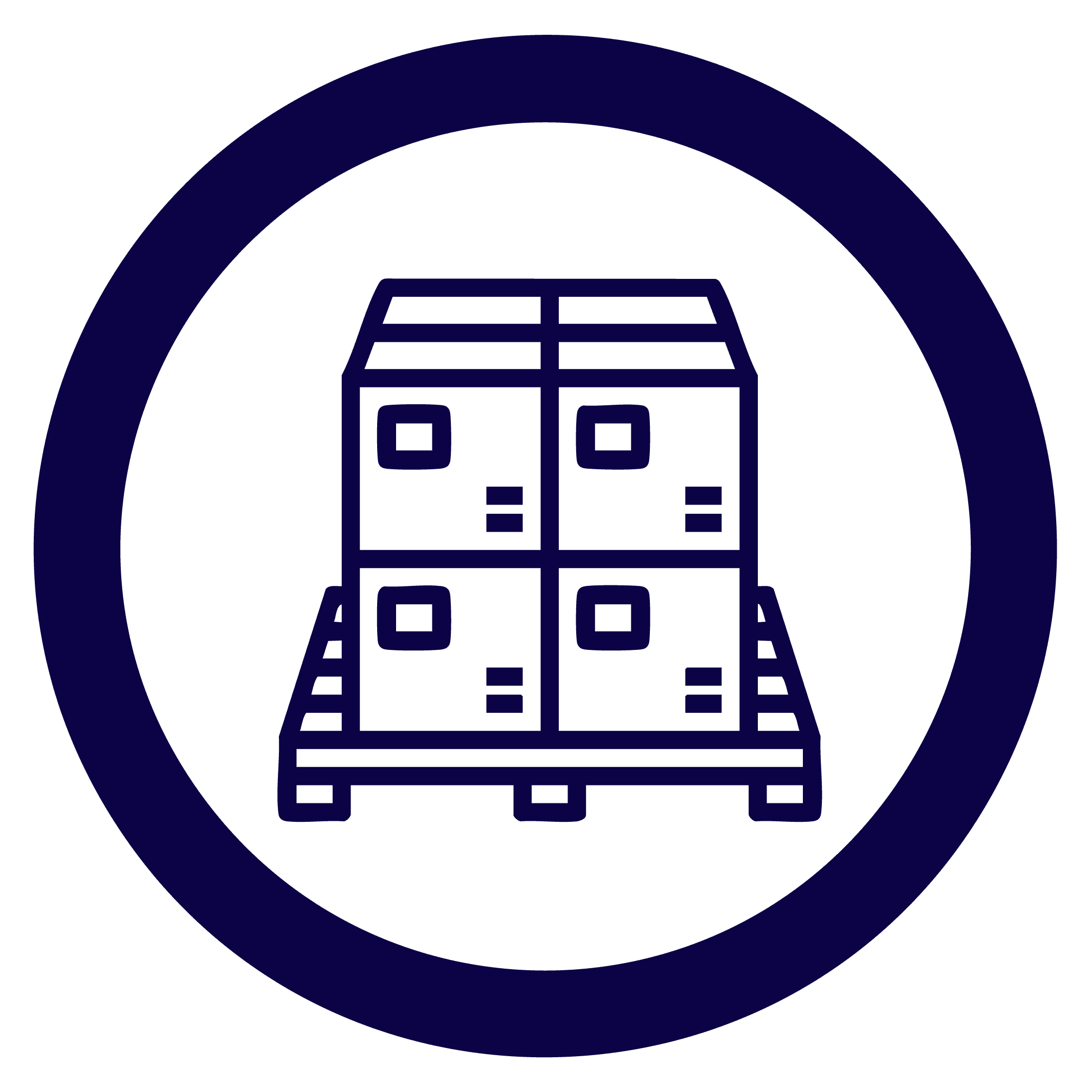 circle icon in blue of four boxes stacked on a pallet