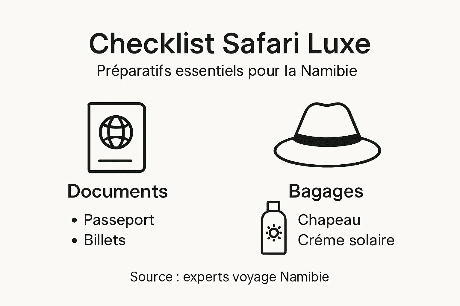 Checklist infographique : les indispensables pour un safari de luxe en Namibie