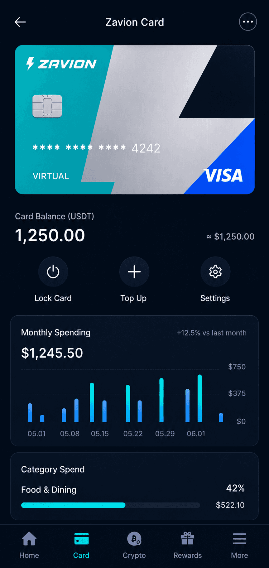 Banking app interface with $10,50,000 balance, a pink Mastercard debit card, and icons for payments and Recent Activity.