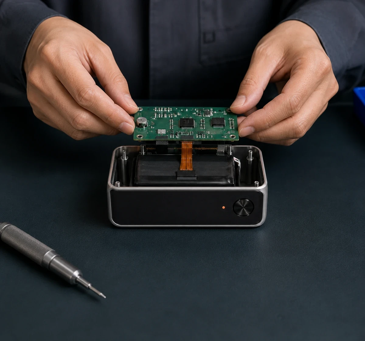 A technician assembling the custom PCB into a presentation-ready Vibay prototype