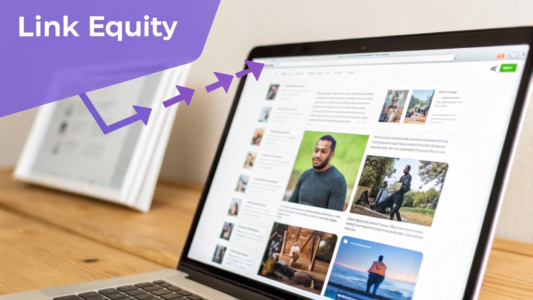 A laptop displays a webpage with articles and images, overlaid with 'Link Equity' and a rising graph.