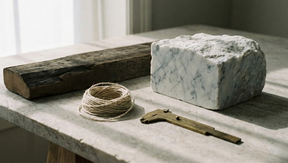 A close-up photograph of a minimalist atelier workbench made of raw, honed stone