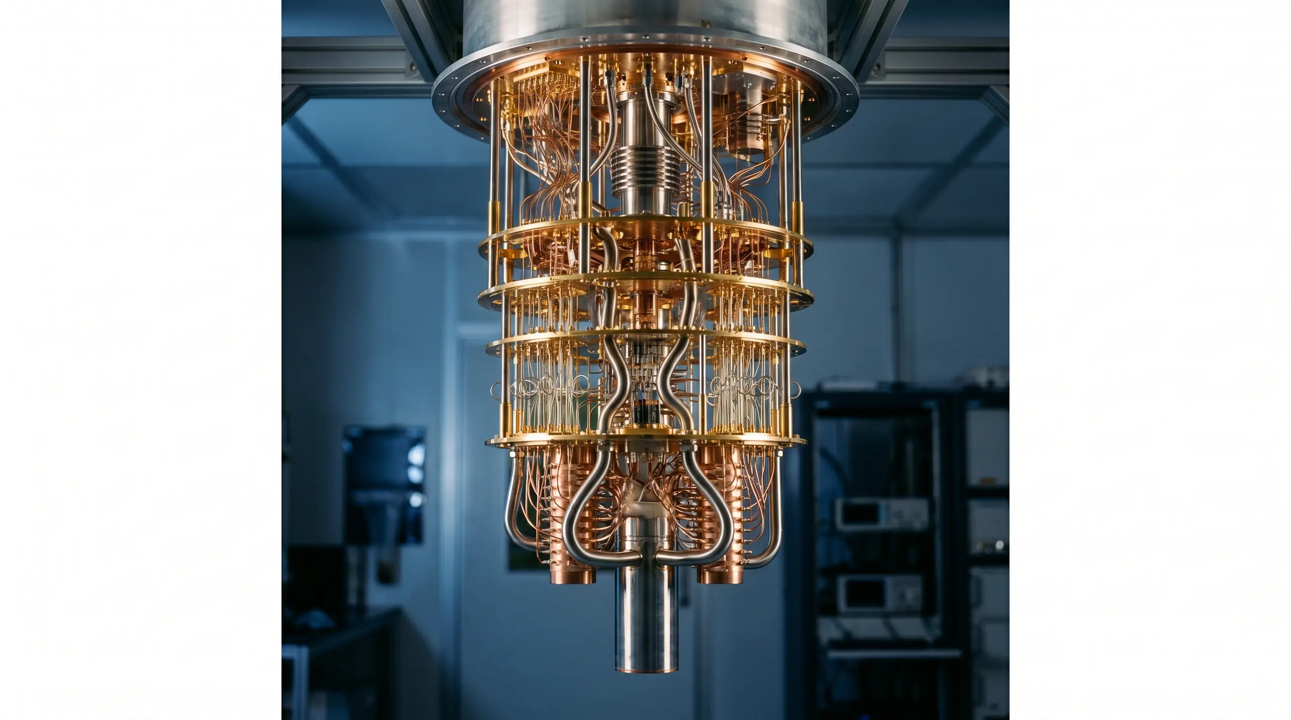 Close-up of a complex metallic reactor or engine assembly with a circular housing, copper-gold tubing coils, and bundled wires/lines inside a facility room with cool blue lighting.