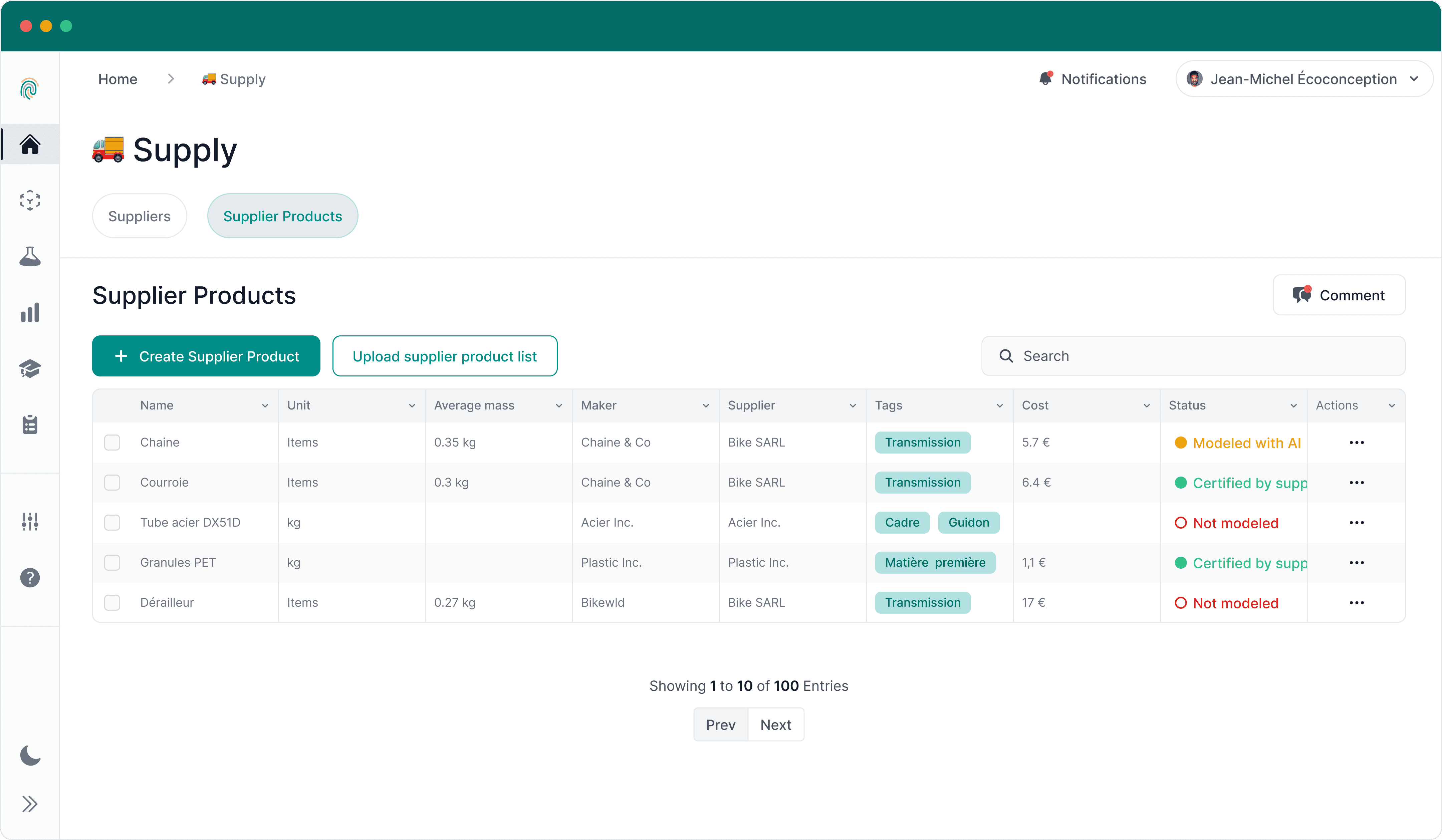 Capture d’écran d’une interface utilisateur de gestion des produits fournisseur.