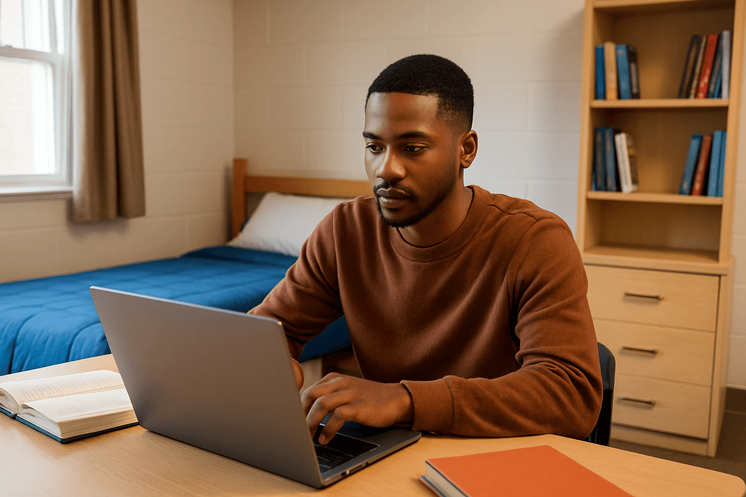 Student with brown shirt studying in his dorm
