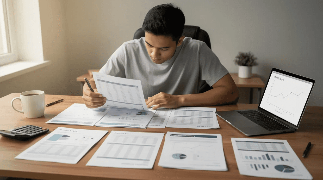 A person is seated at a wooden desk, reviewing various financial documents that include estate plans and beneficiary designations, reflecting on how to manage their financial assets and ensure financial security for their loved ones amidst changing life circumstances.