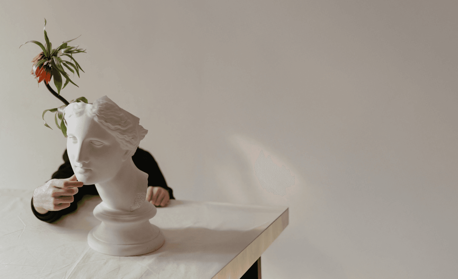 A white plaster bust sculpture with an orange flower placed on top, partially obscured by a hand, creating a minimalist and contemplative visual composition