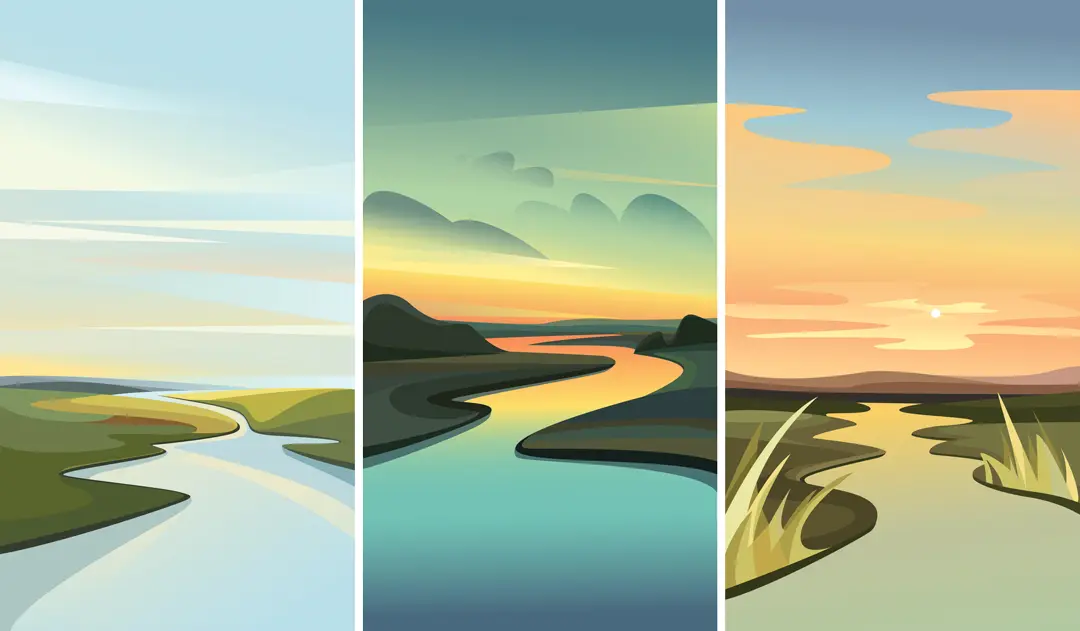 Triptych illustration of a winding river through serene landscapes at dawn and dusk, illustrating the upstream journey of strategic health leadership