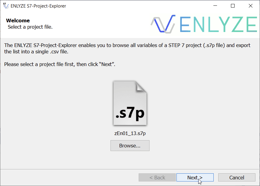 S7-Project Explorer GUI Step 1: Selecting a project file