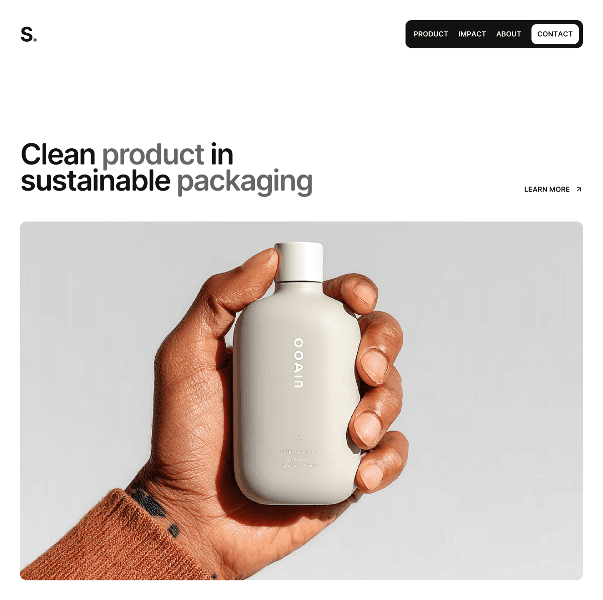 Clean sustainable product landing page design with skincare bottle in hand and minimal black navigation