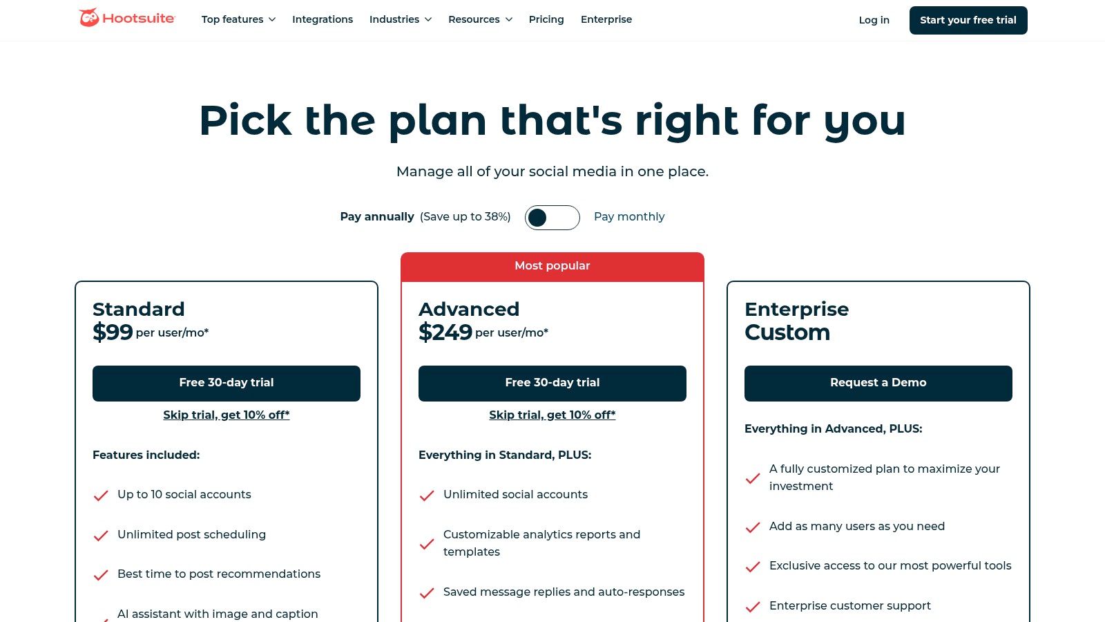 Hootsuite's business pricing plans for social media management