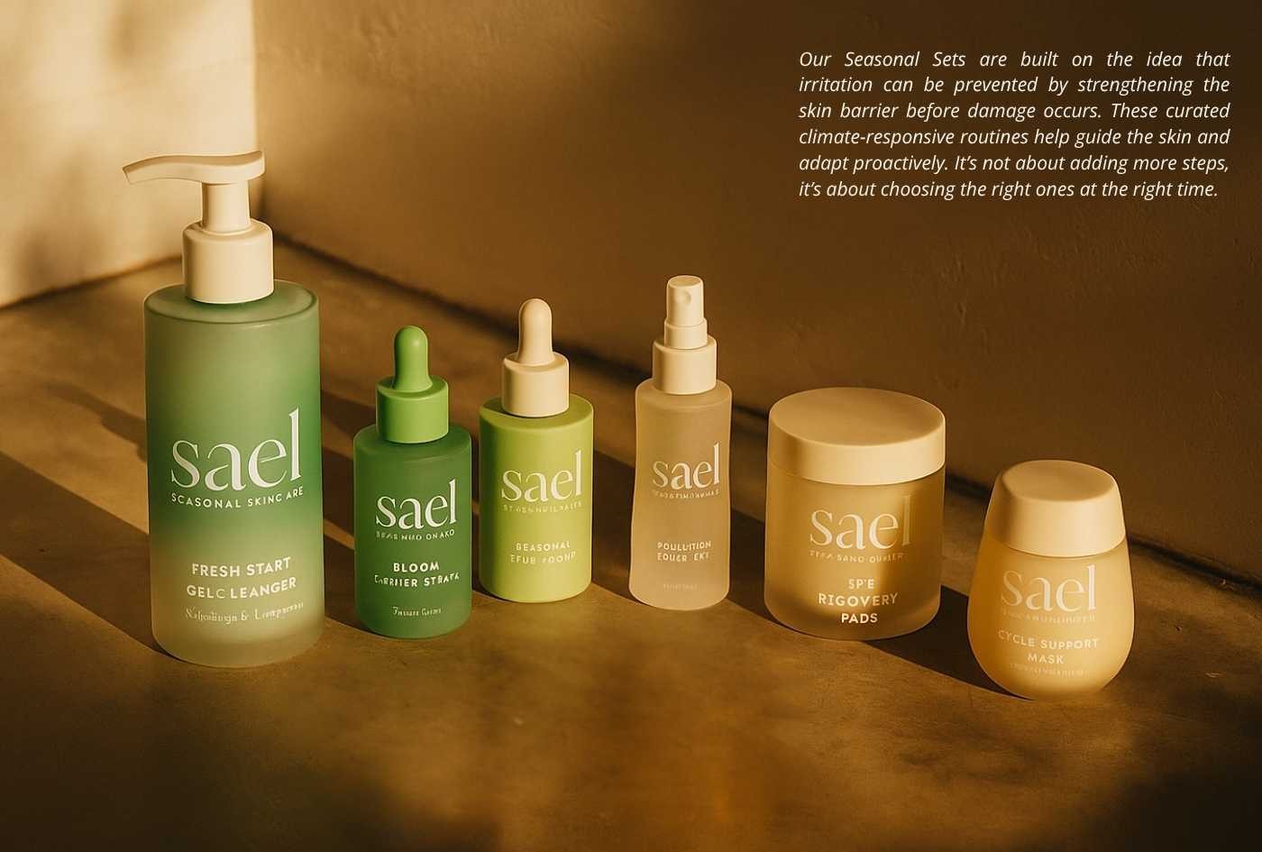 Sael Seasonal Skincare product lineup arranged on a bathroom surface showcasing seasonal formulations.