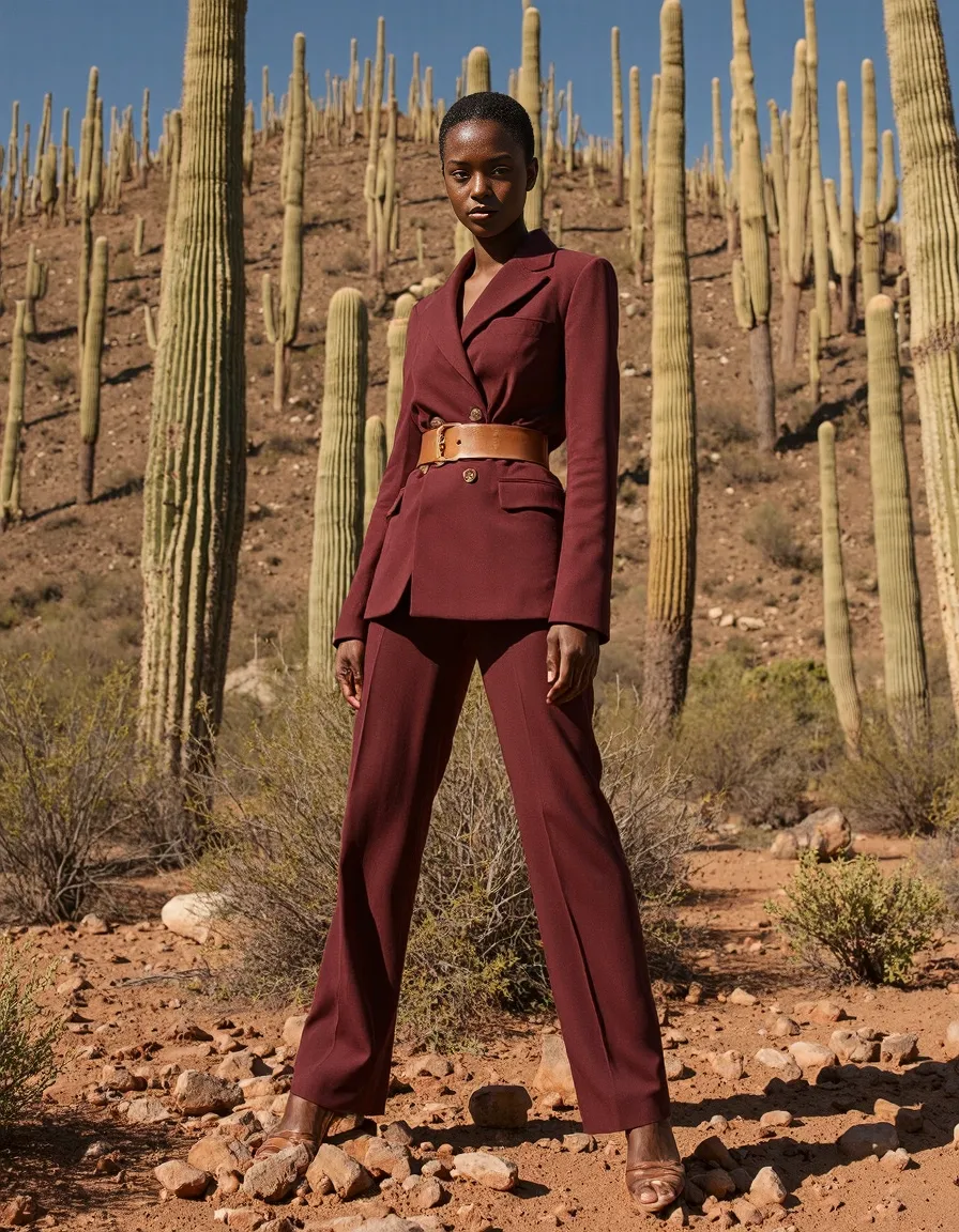 Burgundy power suit with tan belt styled against a dramatic desert landscape with tall saguaro cacti creating a striking fashion editorial scene